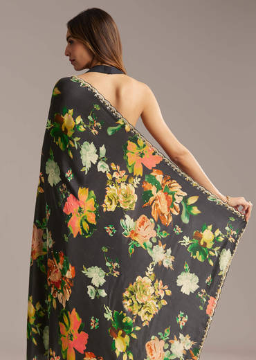 Black Crepe Saree With Floral Print And Stone Embroidery