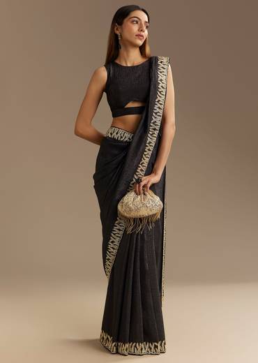 Black Crushed Tissue Saree With Scallop Border And Stone Embroidery