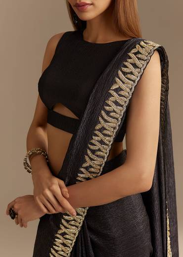 Black Crushed Tissue Saree With Scallop Border And Stone Embroidery