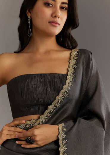 Black Crushed Tissue Saree With Scallop Embroidered Border