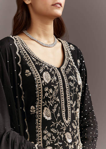 Black Cutdana And Sequins Kurta With Chinon Sharara And Dupatta
