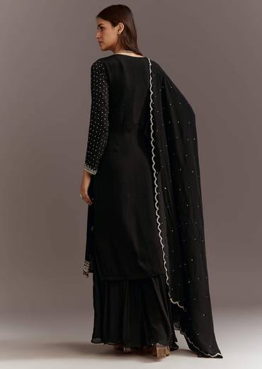Black Cutdana And Sequins Kurta With Chinon Sharara And Dupatta