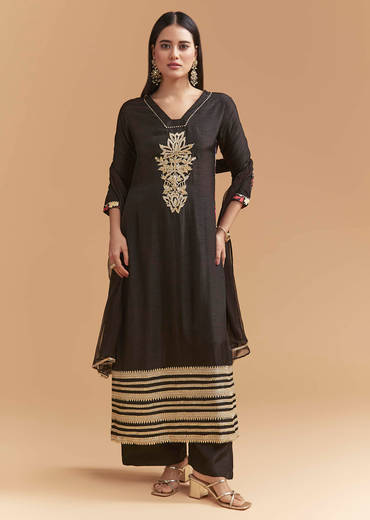 Black Dola Silk Kurta Set With Gota Work And Floral Print