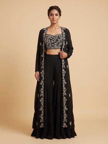 Black Embellished Cape Set
