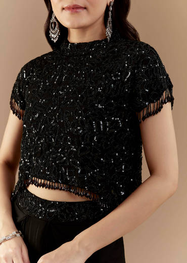 Black Embroidered Crop Top and Skirt Set