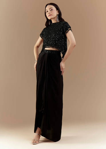 Black Embroidered Crop Top and Skirt Set