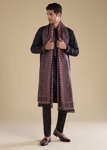Black Embroidered Mens Kurta Set with Kashmiri Print Dupatta