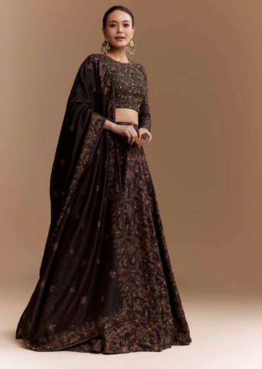 Black Floral Print Silk Brdiesmaid Lehenga Set with Dupatta
