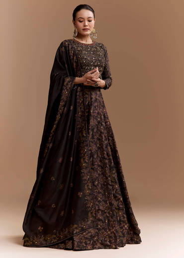 Black Floral Print Silk Brdiesmaid Lehenga Set with Dupatta