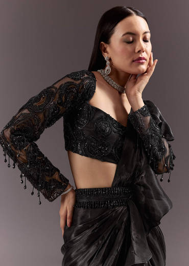 Black Frill Ready Drape Cutdana Sequin Saree With Square Neck Blouse