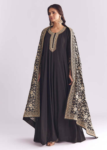 Black Georgette Anarkali Suit With Thread And Sequins Work