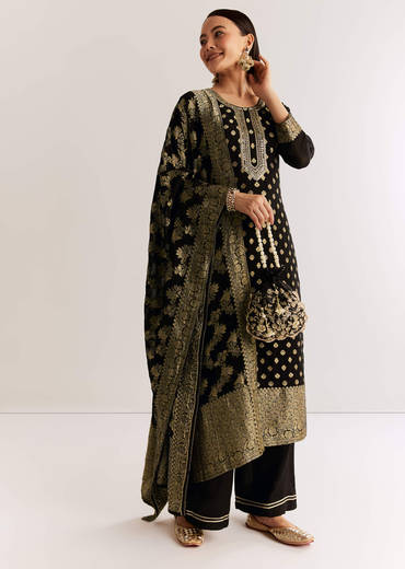 Black Georgette Banarasi Kurta Set With Mirror And Cutdana Neckline