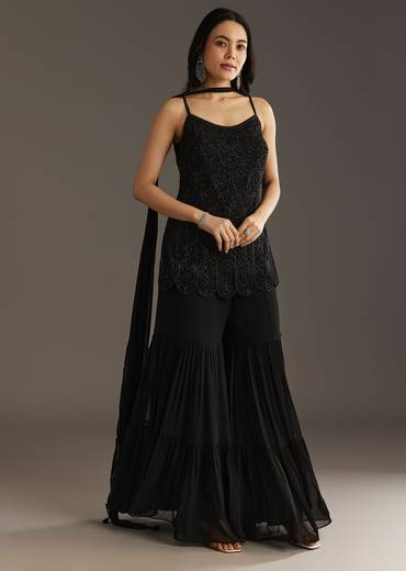 Black Georgette Kurta With Cut Dana And Moti Work And Tassel Dupatta