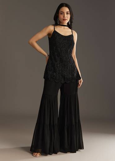 Black Georgette Kurta With Cut Dana And Moti Work And Tassel Dupatta