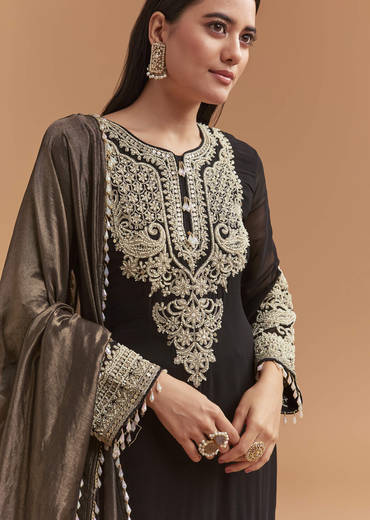 Black Georgette Palazzo Suit With Moti And Zari Work