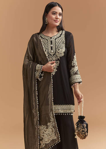 Black Georgette Palazzo Suit With Moti And Zari Work