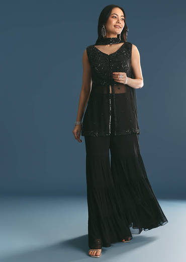 Black Georgette Peplum Kurta Sharara Set With Beads And Sequins