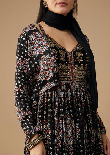 Black Hand Dyed Ajrakh Gown Set with Jacket and Scarf
