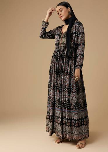 Black Hand Dyed Ajrakh Gown Set with Jacket and Scarf