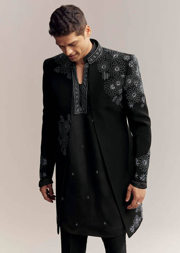 Black Imported Satin Organza Indo Western For Men With Zardosi Embroidery