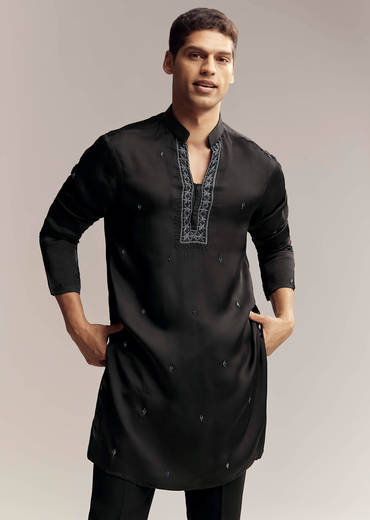 Black Imported Satin Organza Indo Western For Men With Zardosi Embroidery