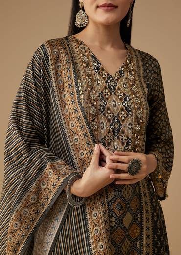 Black Indie Printed Silk Kurta Pant Set