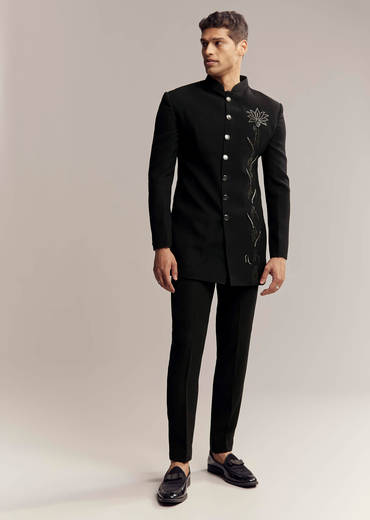 Black Indo Western For Men With Heavy Embroidery On Suiting Fabric