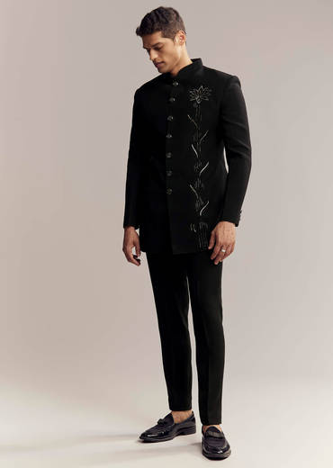 Black Indo Western For Men With Heavy Embroidery On Suiting Fabric