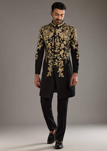 Black Indo Western Set For Men With Zardosi Embroidery