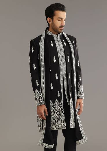 Black Indo Western Set With Embroidery On Japanese Fabric