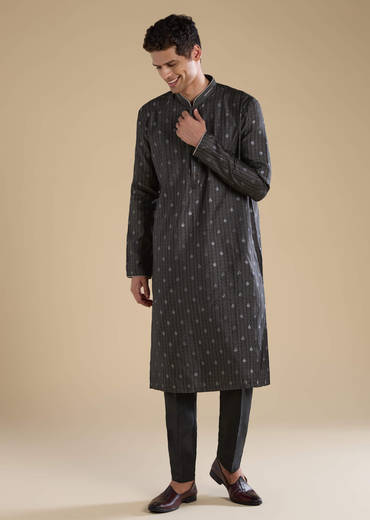 Black Jacquard Textured Mens Kurta and Pant Set
