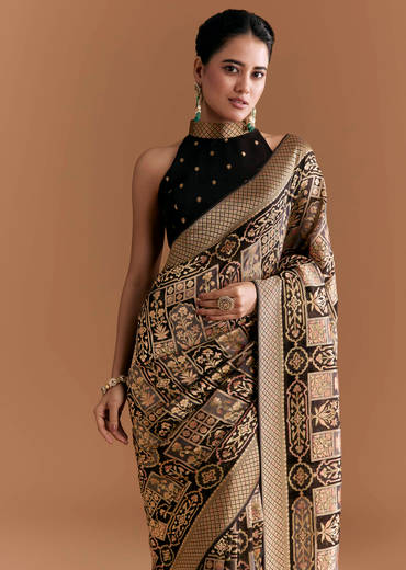 Black Khadhi Georgette Saree With Floral And Geometric Zari Work
