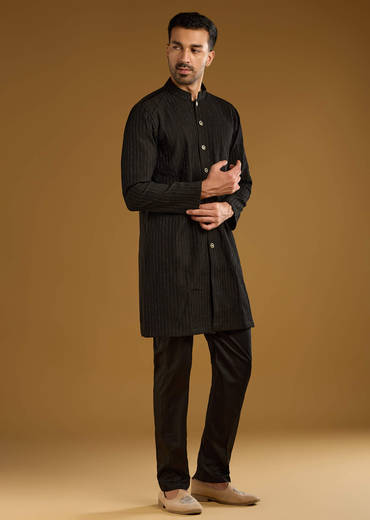 Black Kurta Jacket Set For Men With Beads Embroidery