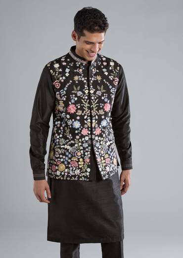 Black Kurta Jacket Set With Thread Resham Work