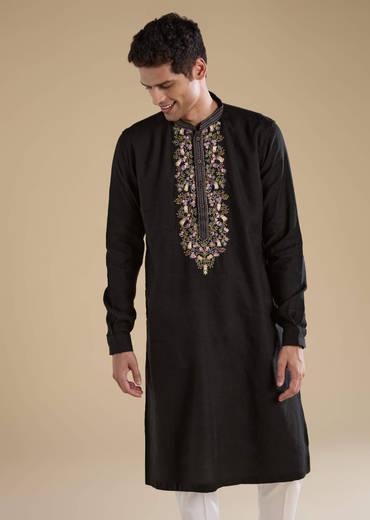 Black Linen Embroidered Mens Kurta Set