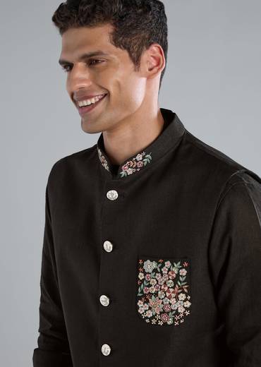 Black Linen Kurta Jacket Set With Thread Resham Work