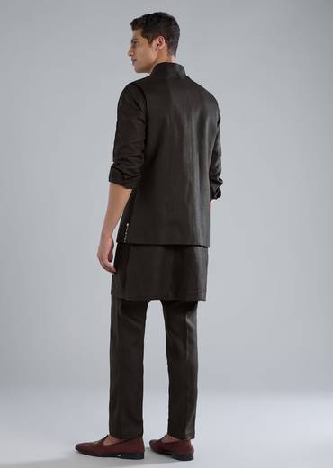 Black Linen Kurta Jacket Set With Thread Resham Work