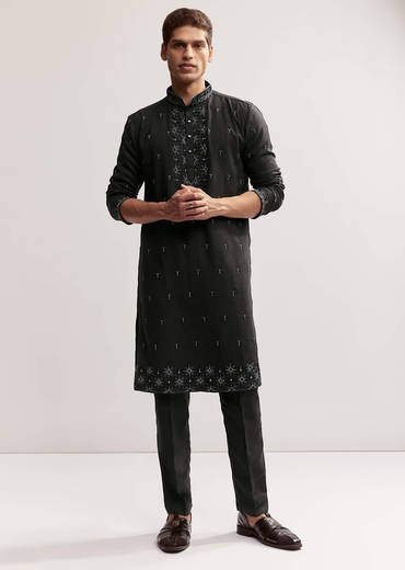 Black Linen Kurta Set For Men With Resham And Moti Work