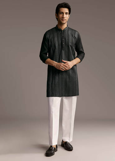 Black Linen Kurta Set For Men With Resham Embroidery