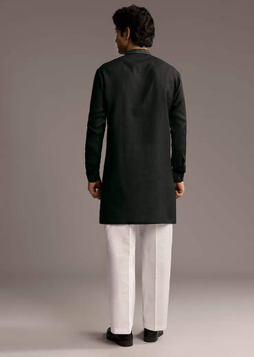 Black Linen Kurta Set For Men With Resham Embroidery