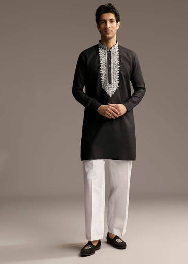 Black Linen Kurta Set For Men With Thread And Resham Work
