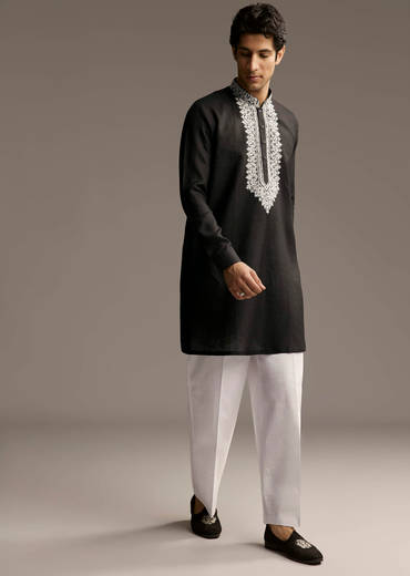 Black Linen Kurta Set For Men With Thread And Resham Work