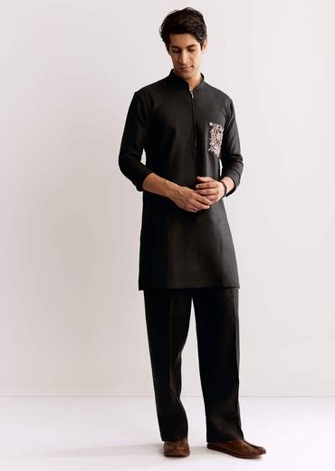 Black Linen Kurta Set With Embroidery