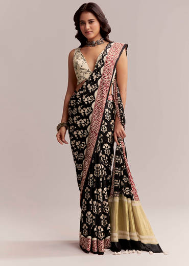 Black Linen Printed Saree With Hand Block Ajrakh Leaf Print