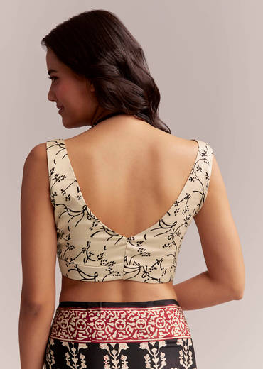 Black Linen Printed Saree With Hand Block Ajrakh Leaf Print