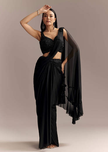 Black Lycra Ready Pleated Saree With Embroidery And Matching Blouse