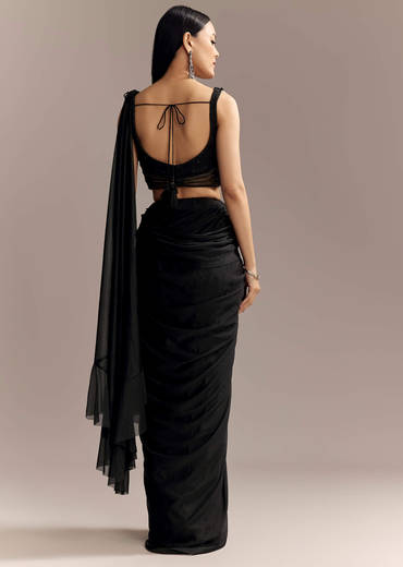 Black Lycra Ready Pleated Saree With Embroidery And Matching Blouse