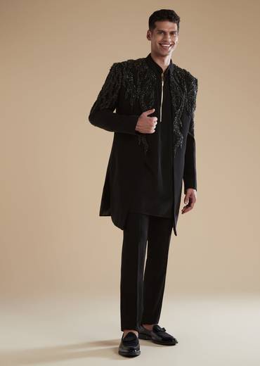 Black Mens Indowestern with Cut Dana Beads Sequins Detail Work