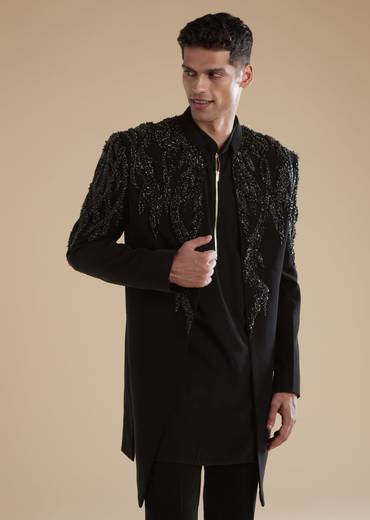 Black Mens Indowestern with Cut Dana Beads Sequins Detail Work