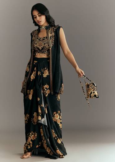 Black Muslin Croptop Set With Floral Printed Skirt Jacket